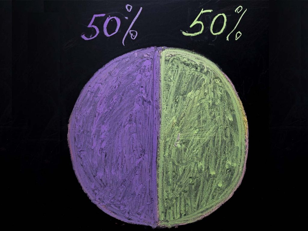 Cirkeldiagram met twee helften waarbij er 50% geschreven staat.