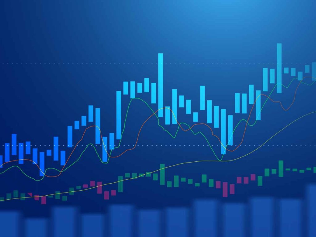 Verschillende beursgrafieken tegen een blauwe achtergrond.
