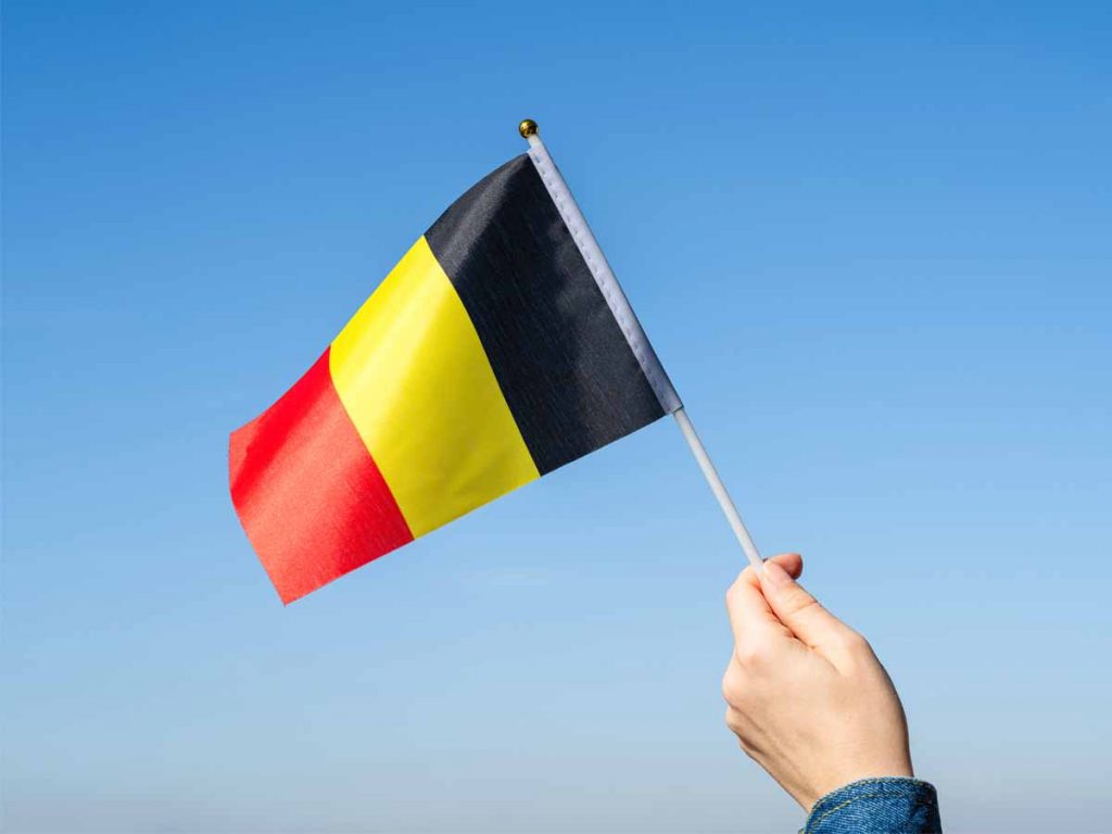 Iemand die een Belgisch vlaggetje vasthoudt in de lichtblauwe lucht.