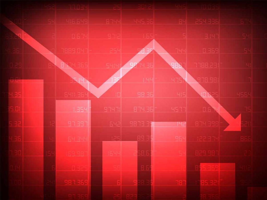 Een rode staafdiagram en een rode lijndiagram met een neerwaartse trend.