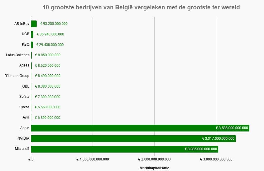 Staafdiagram met de tien grootste bedrijven van België. De drie grootste bedrijven ter wereld zijn eraan toegevoegd ter vergelijking. 