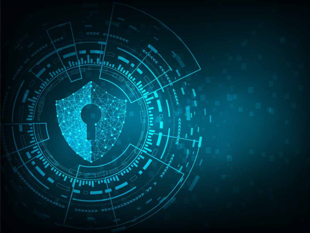 Een schild met een slot erin met een blauwe data achtergrond.