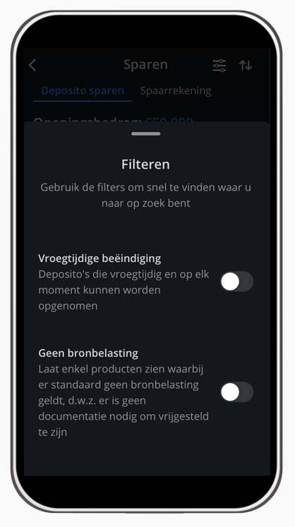 Screenshot van de mobiele versie van Raisin van het gedeelte waar je filters kunt kiezen.