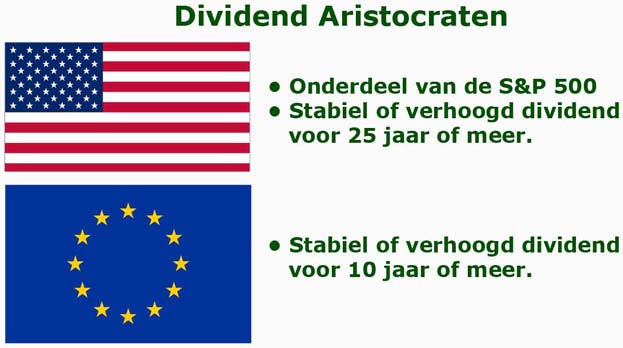 De Standard & Poor's definitie voor de status dividend aristocraat voor Amerikaanse en Europese bedrijven.