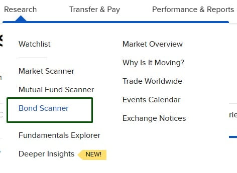 Screenshot van het menu bij Easybroker waar je de obligatie scanner kunt vinden.